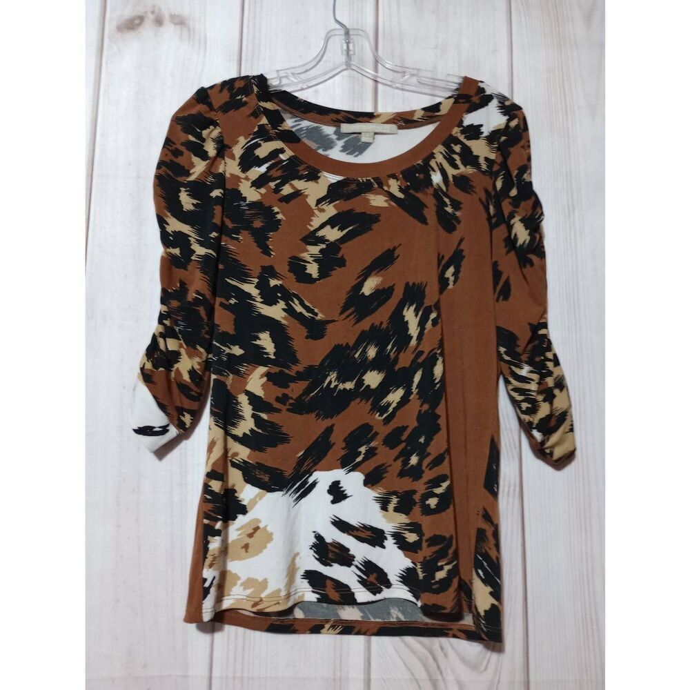Complements Shirt Ladies Small Brown Black‎ 3/4 Sleeve Round Neck